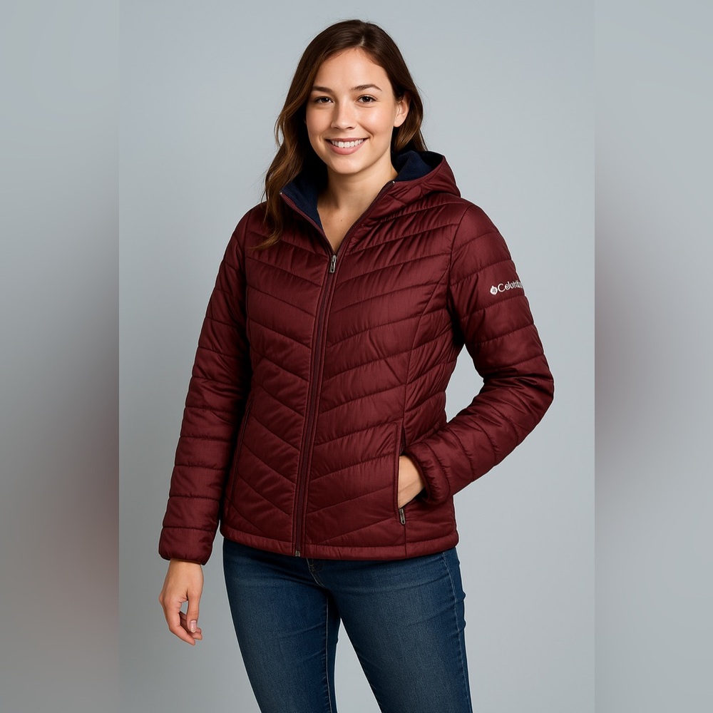 Columbia Womens Omni-Heat Insulated Hooded Burgundy Jacket L Winter Outdoor - Picture 3 of 17